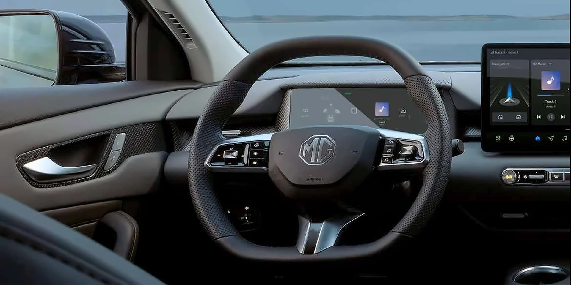 MGS5 EV cockpit with steering wheel, driver display and touchscreen MGS5 EV cockpit with steering wheel, driver display and touchscreen