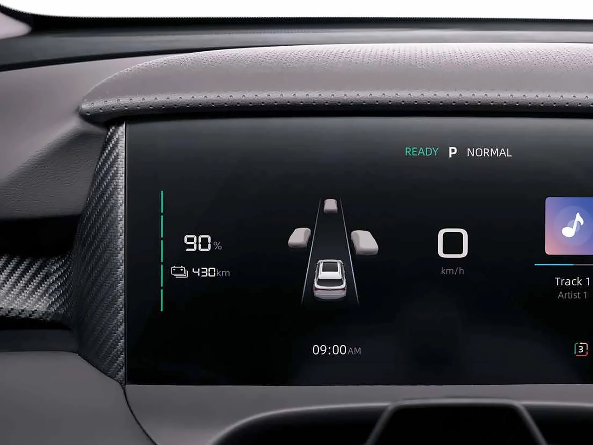 Digital driver display showing battery level and range Digital driver display showing battery level and range
